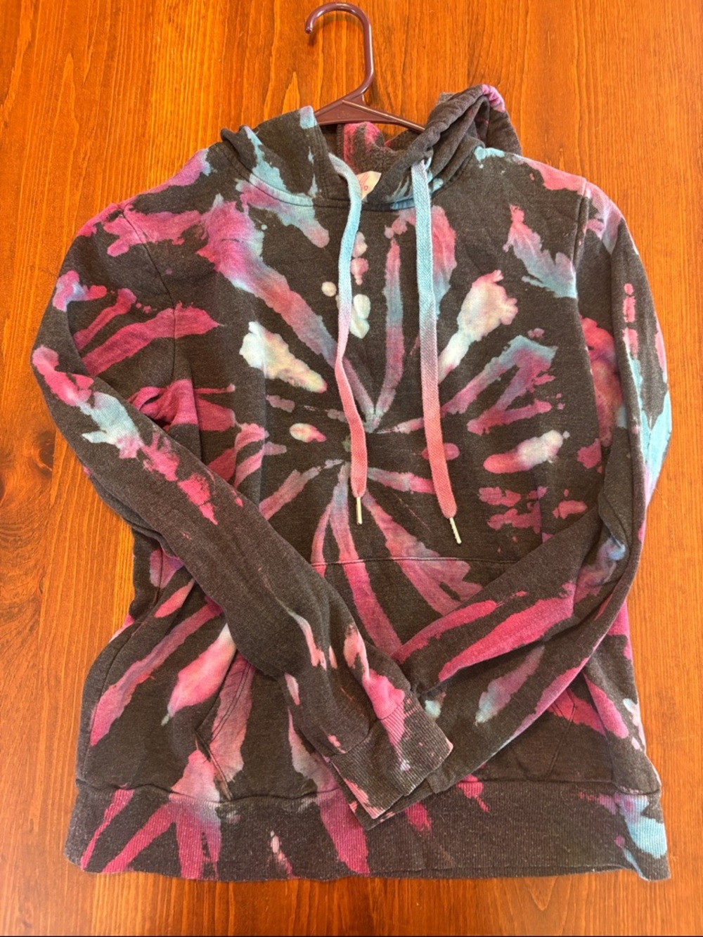 No Boundaries Black Tie-Dye Pullover Hoodie with Pink & Teal Accents